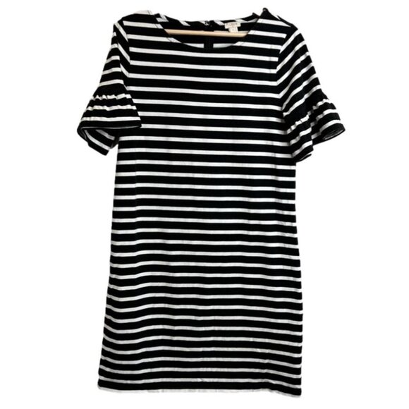 J Crew Factory Womens Size Small Ruffle Sleeve Dress Black White Stripe Shift - Picture 2 of 10